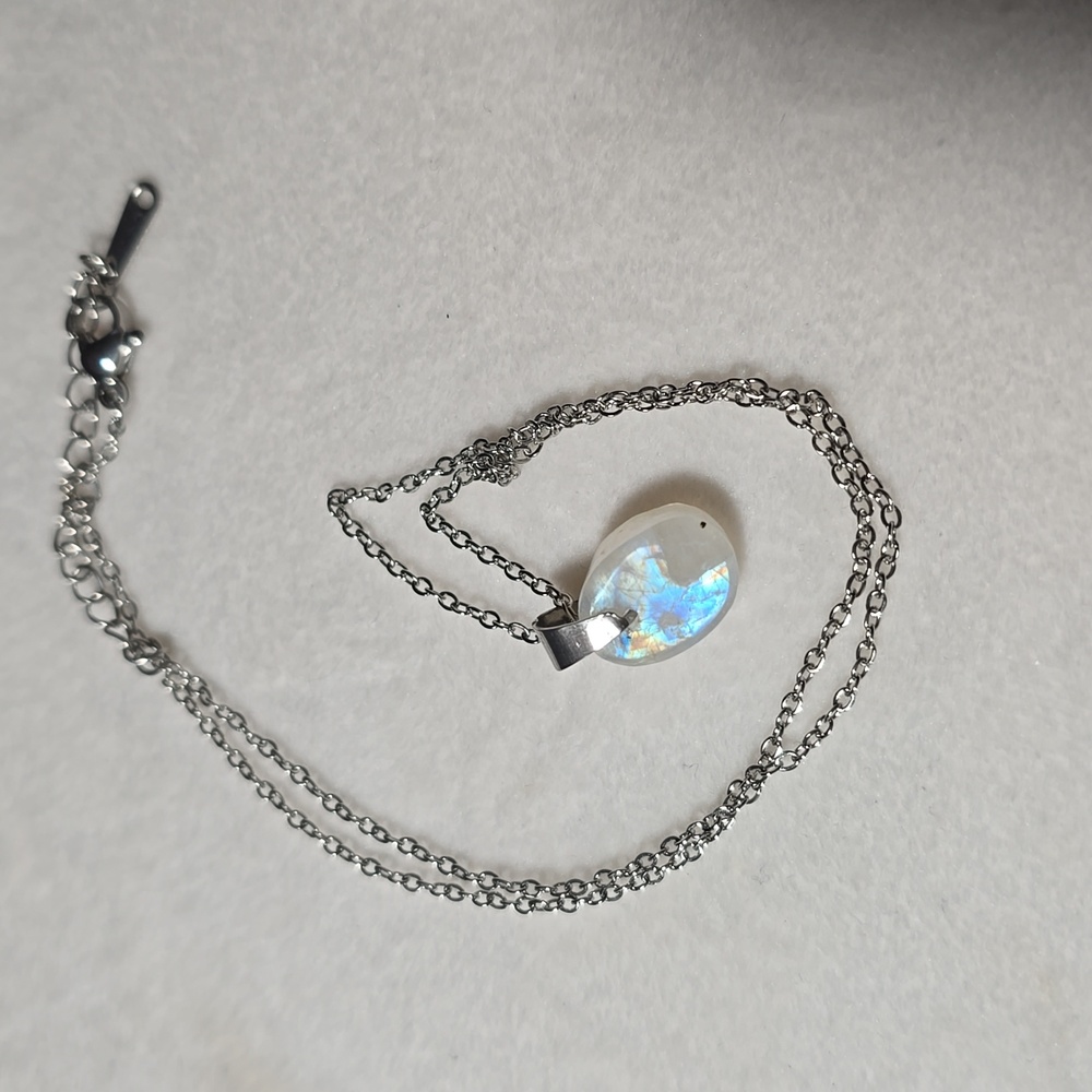 Dainty Rainbow Moonstone smooth side and Raw side Stainless Steel